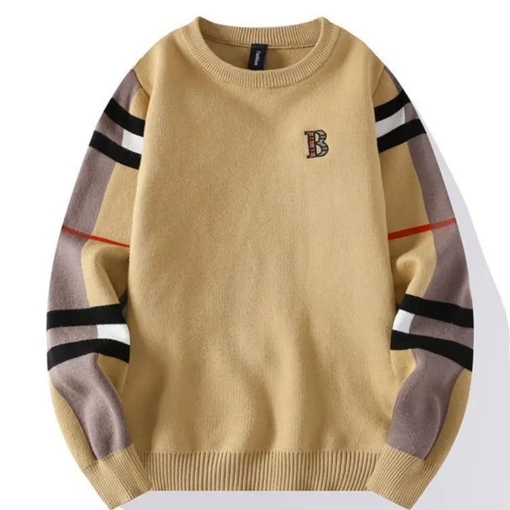 NEW Retail $125 Brit London Men's Beige Sweater with Plaid Checker Sleeves